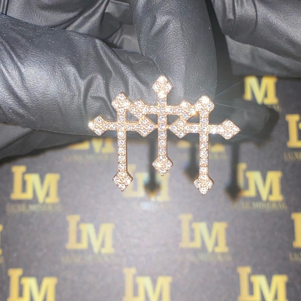 14K yellow gold triple cross diamond pendant